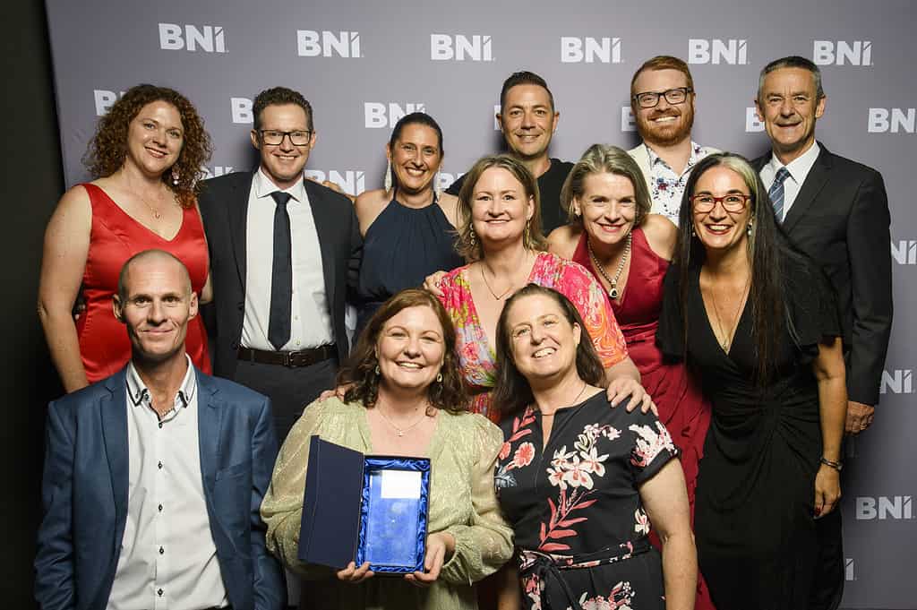 BNI awards night winners posing with fellow members and chapter leaders, including franchise owner Leisa Gill and BNI Catalyst president Alexander Sparrow