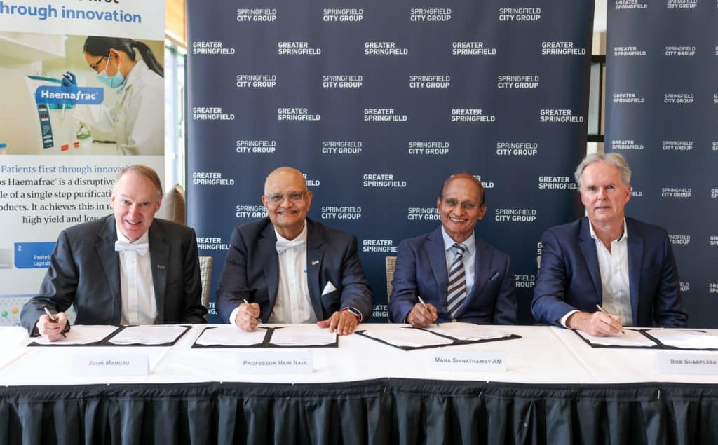 At the signing ceremony on April 20, from left to right: Aegros Co-Founder and Managing Director John Manusu and Founding Executive Chair Professor Hari Nair, with SCG Chairman Maha Sinnathamby AM and Deputy Chairman Bob Sharpless. Images: SCG.